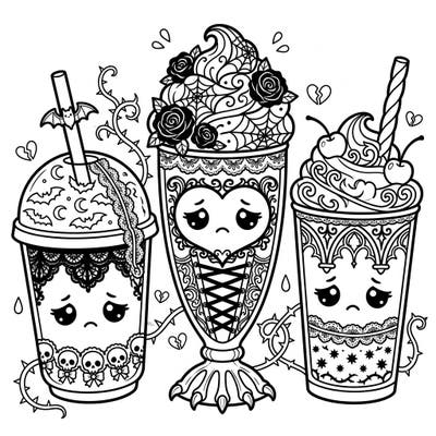 Discover a unique blend of cute and dark with these Kawaii Gothic Milkshakes coloring page. Each adorable yet melancholic drink is brimming with intricate details, ready for your creative touch.