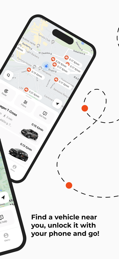 CityBee shared mobility - CityBee App-Oberfläche, die Auto-Standorte auf einer Karte und Mietpreise zeigt