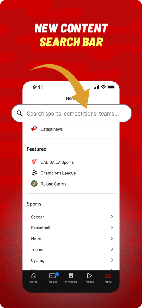 Search bar interface in the MARCA sports app for teams and competitions