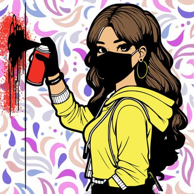 realistic girl with mask spray painting a wall