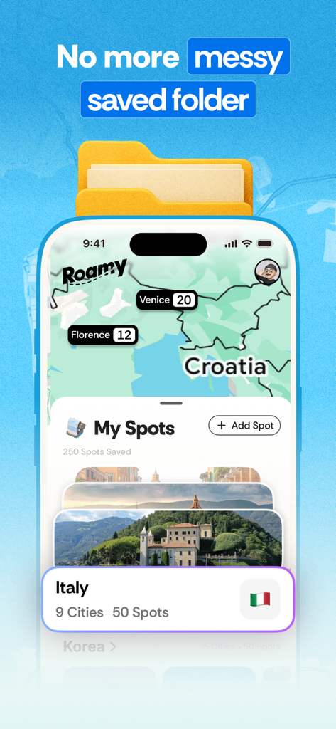 Roamy app interface showing a map with saved locations in Italy and a list of organized travel spots