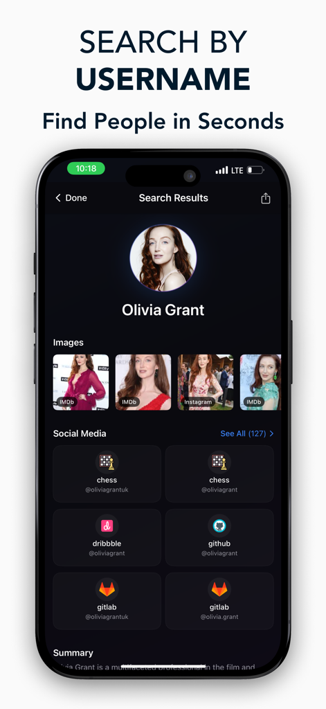 Deep Truth AI Search app interface displaying profile results for a username search including social media links and images