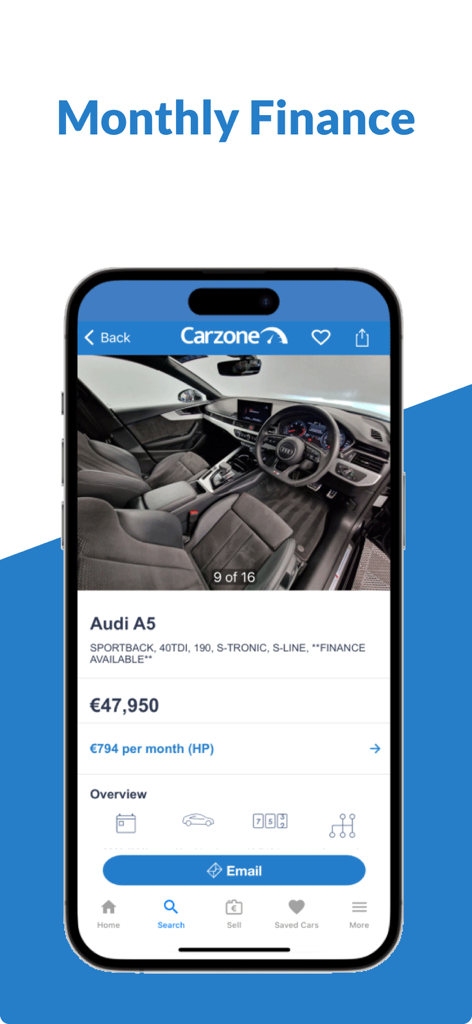 Carzone app screenshot showing an Audi A5 listing with monthly finance pricing details