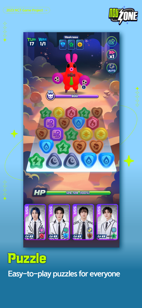 NCT ZONE - NCT ZONE mobile game screen showing match-3 puzzle gameplay with NCT member cards and a nightmare boss