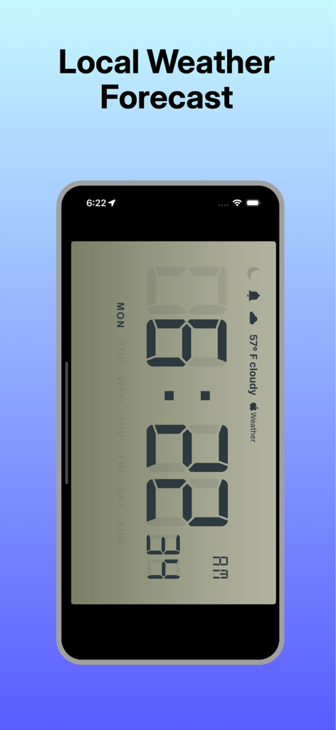 Local Forecast Clock-Portable - Reloj digital y pronóstico del clima local mostrados en una pantalla móvil con un diseño minimalista