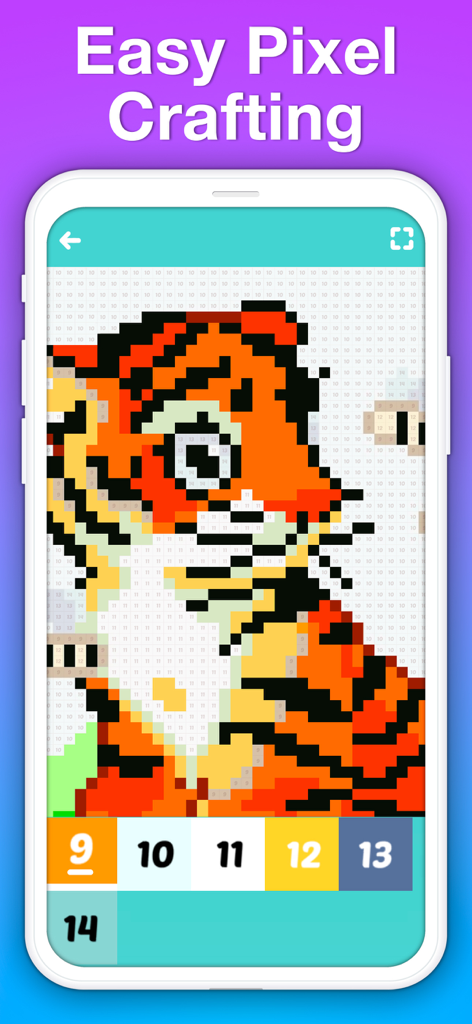Interfaz de colorear arte pixelado de un tigre siendo coloreado por número en la aplicación PixelArt Saga.