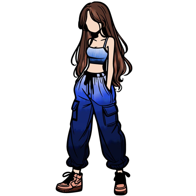 girl in baggy pants crop top and long hair