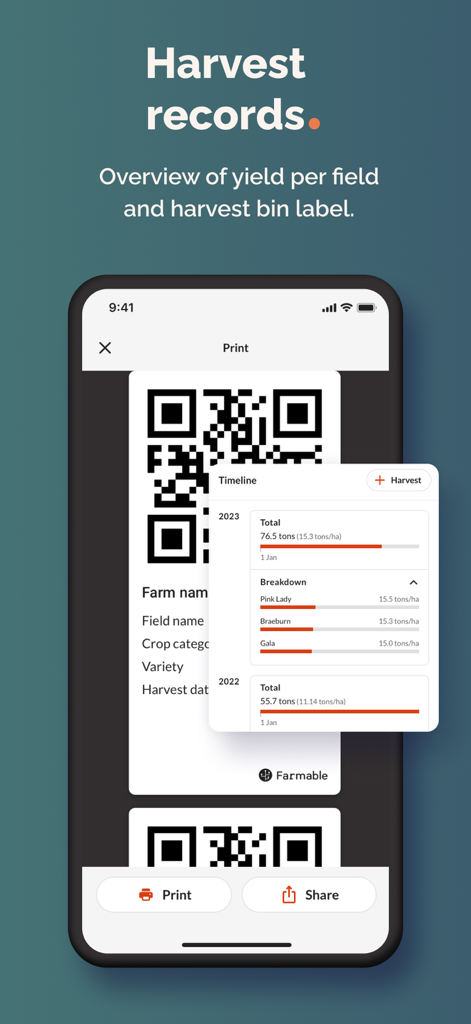 Farmable app screenshot showing harvest records yield per field and QR code bin labels
