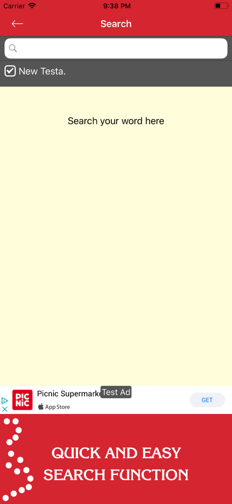 Search screen of the New Testament KJV app featuring a quick search bar and a simple user interface.