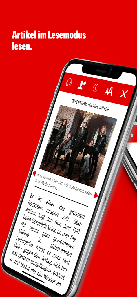 Smartphone screen showing an article in the SonntagsBlick E-Paper reading mode with adjustable text settings