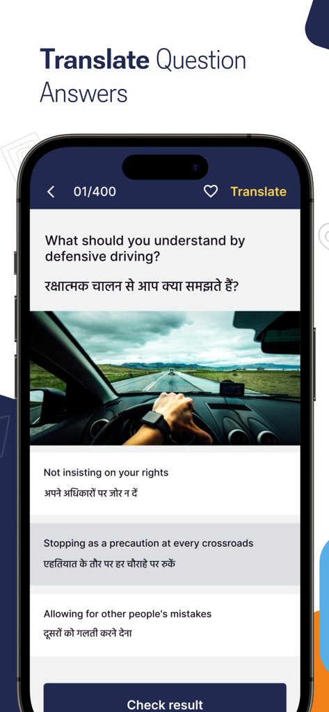 License Theory app interface showing a driving practice question about defensive driving translated into Hindi