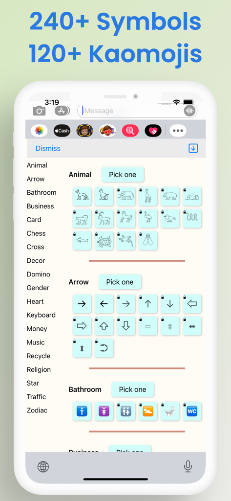 Auto Fonts Keyboard - facemoji - Interface do aplicativo móvel exibindo uma grande variedade de símbolos e kaomojis organizados por categorias.