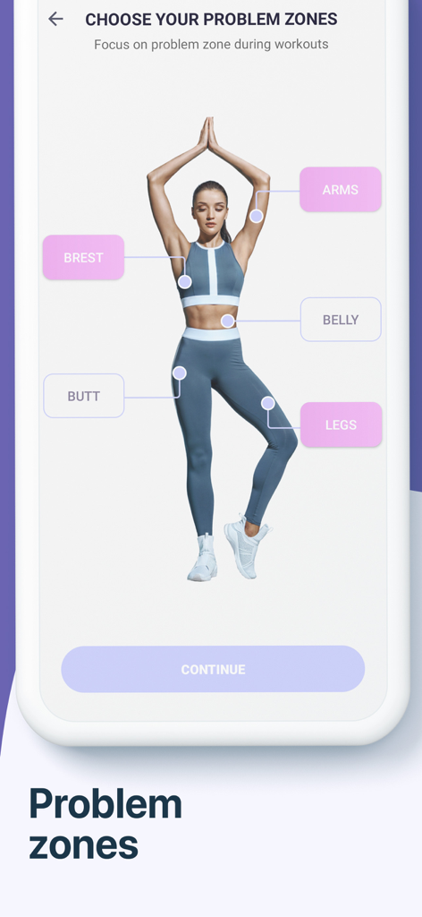 Selection screen for choosing target body areas in the Lose Weight Workout app