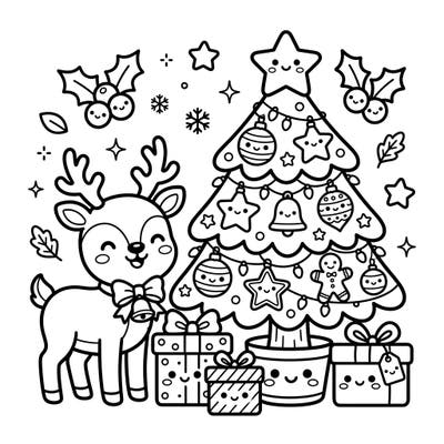 Step into a world of cuteness with this delightful Kawaii Christmas coloring page, featuring a charming reindeer and a beautifully decorated tree. Perfect for bringing festive cheer and creative joy to your holiday season.