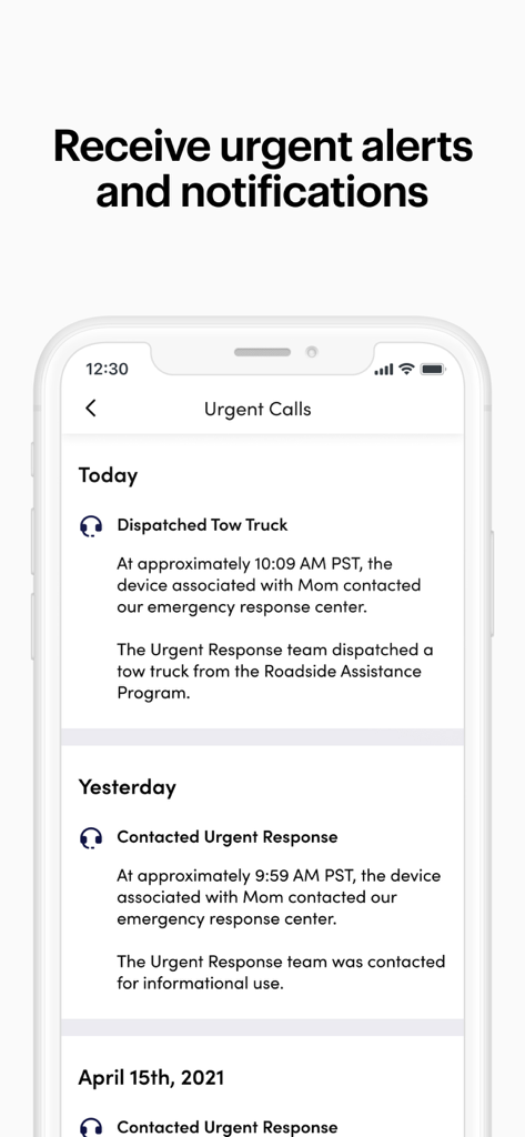 Lively Link - Lively Link app screen showing a history of urgent alerts and emergency response notifications for a family member