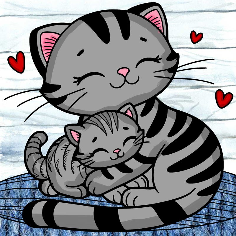 a cute cat with stripes cuddling with her kitten