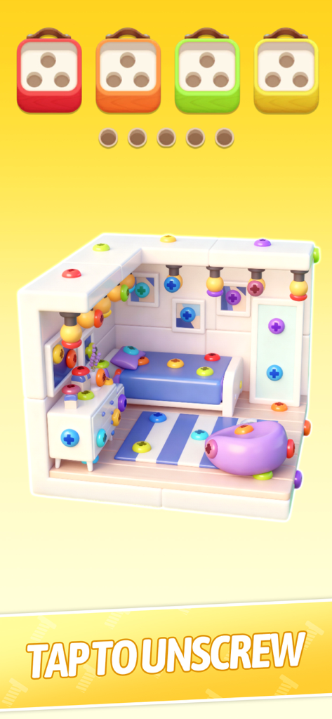 Cube Out 3D :Jam Puzzle - A 3D bedroom puzzle scene with colorful screws and sorting boxes