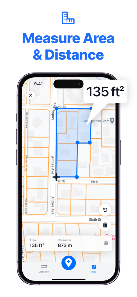 Property line measurement tool showing area and perimeter calculations on a map