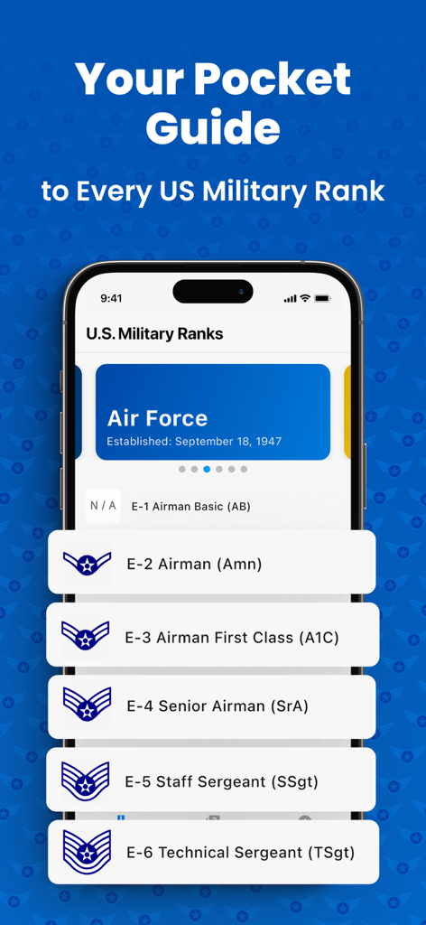 US Military Ranks - Ein Taschenführer, der Militärränge und Insignien der US Air Force auf einem Handybildschirm zeigt