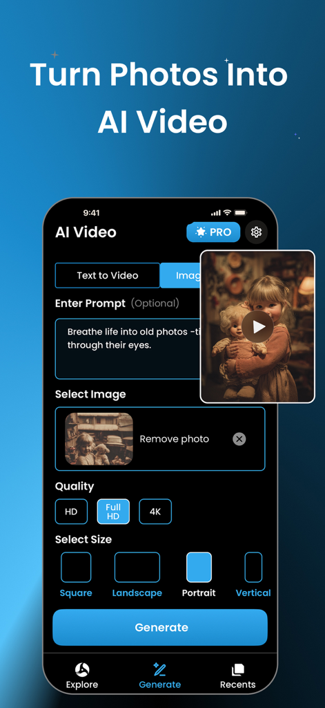 AI Video Generator ⋅ Video AI - AI動画ジェネレーターアプリのインターフェース。画像から動画への作成画面が表示され、品質とアスペクト比の設定が可能です。