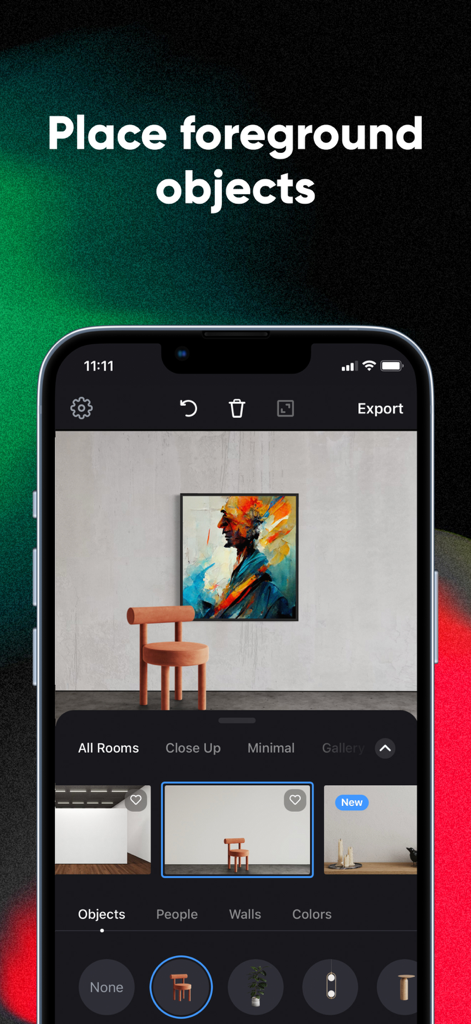 Oberfläche der Smartist App, die eine abstrakte Malerei an einer Wand hinter einem modernen Terrakotta-Stuhl zur realistischen Kunstvisualisierung zeigt.