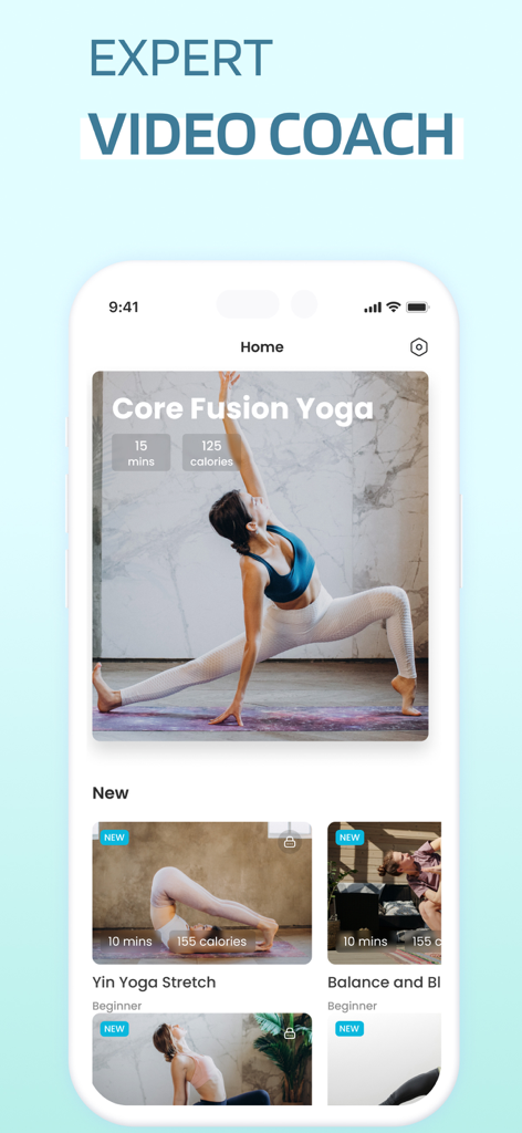 YogaFit app home screen featuring expert video coach and core fusion yoga workout