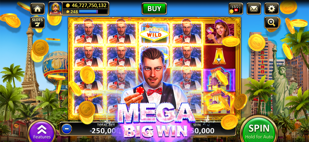 A Mega Big Win screen in Vegas Slots Cherry Master with a Las Vegas theme and flying gold coins