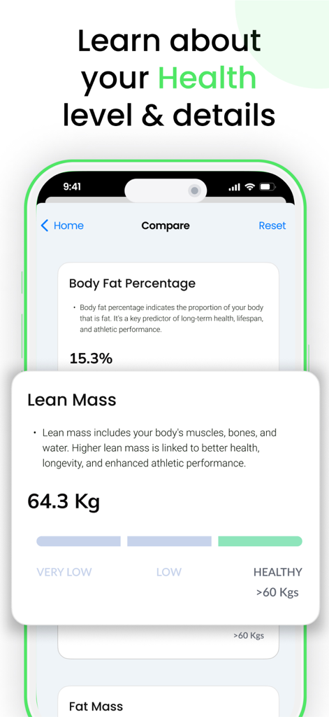 Fitycal - 3D Body Scan Tracker - Fitycal app screen displaying lean mass and body fat percentage metrics