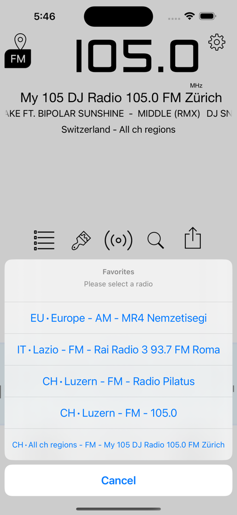 Analog Radio - Screenshot of the Analog Radio app interface showing a list of favorite radio stations from Italy and Switzerland.