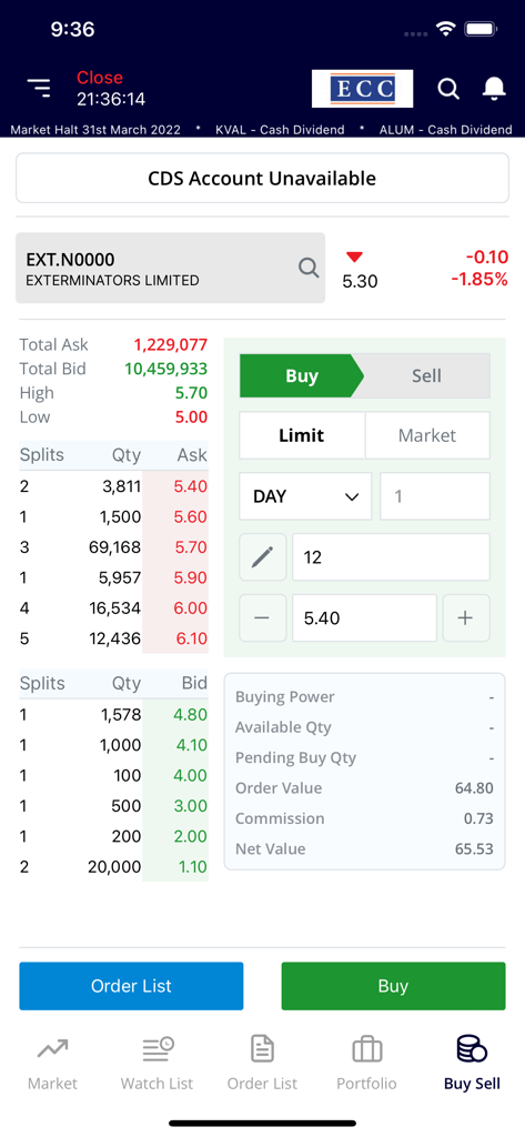Interfaz móvil de la aplicación ATrad que muestra la entrada de pedidos de acciones y datos de mercado en tiempo real