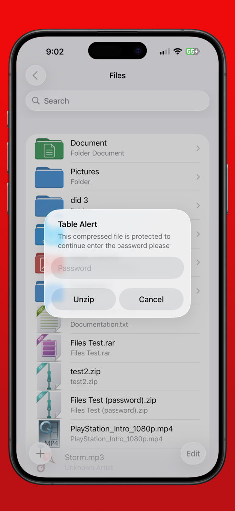 Private Browser Fast, eBrowser - eBrowser file manager showing a password prompt for unzipping a compressed file on iPhone