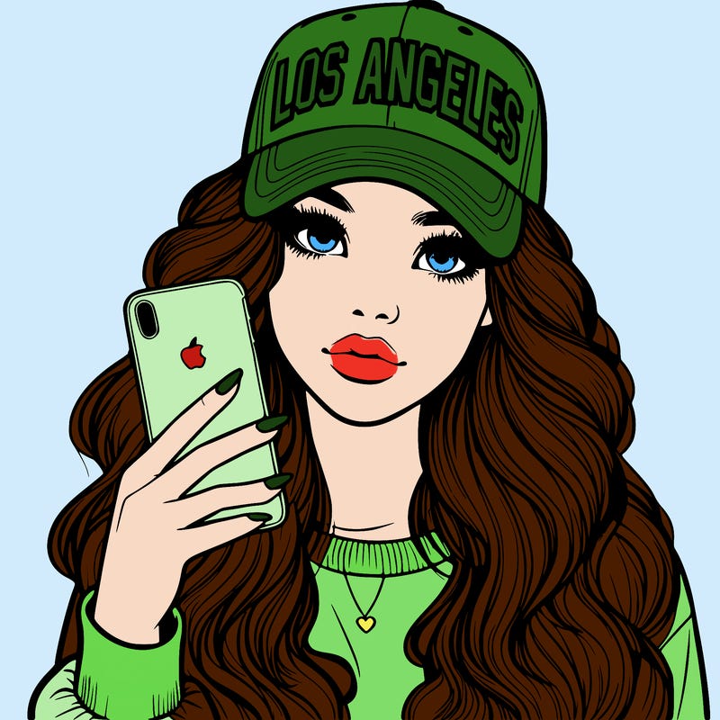 realistic beautiful girl wearing los ángeles cap holding an iphone