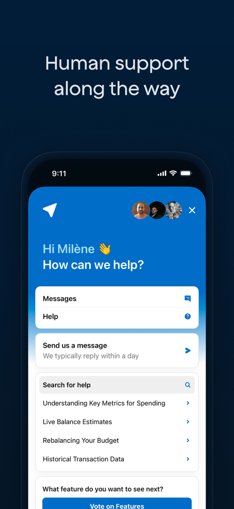 Copilot app customer support screen showing human help options and help articles