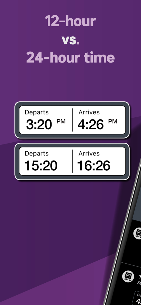 Interface display of train departure and arrival times in 12-hour and 24-hour formats.
