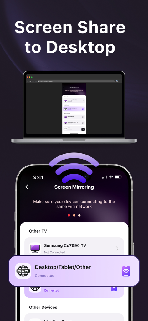 TV Remote: Roku Remote Control - Interface mostrando o recurso de compartilhamento de tela de um iPhone para um desktop de laptop dentro do aplicativo TV Remote.