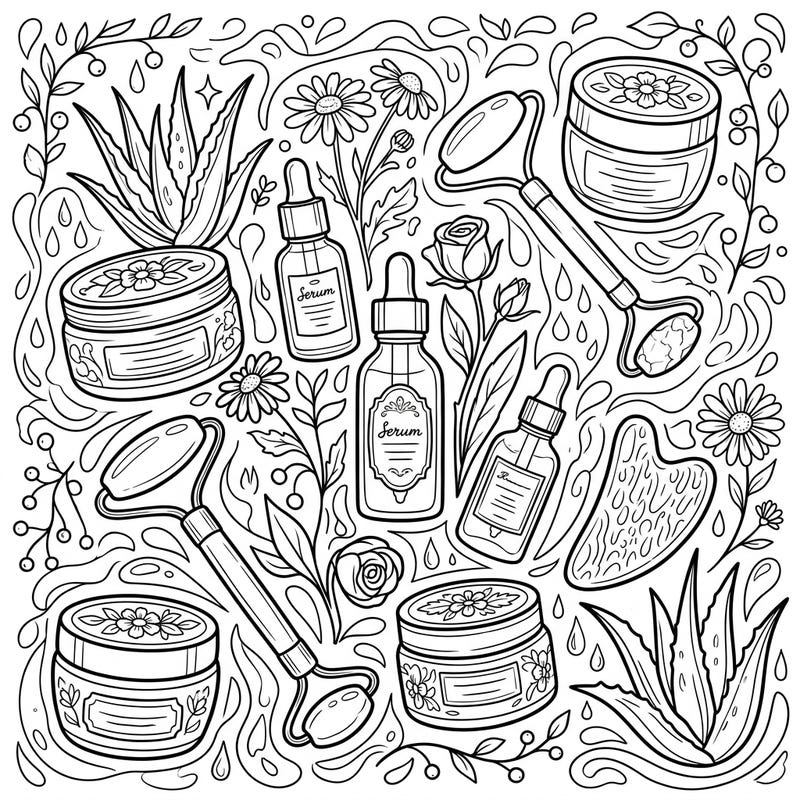 Explore the world of beauty and self-care with this delightful anti-aging skincare coloring page. Discover serum bottles, cream jars, and botanical elements, all waiting for your creative touch.