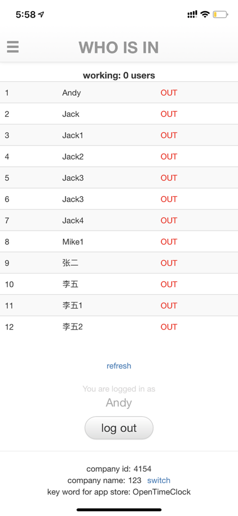 OpenTimeClock - OpenTimeClock app screen showing a list of employees and their current in or out status