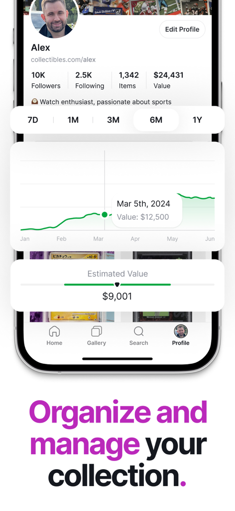 Collectibles.com: Scan + Value - Mobile app interface showing a user profile with collection statistics and a market value tracking chart