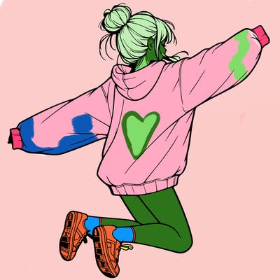 realistic girl jumping with a bun and oversized sweatshirt