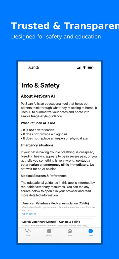 PawScan AI - PawScan AI の情報と安全に関する画面。アプリの目的と医学的参照について詳述。