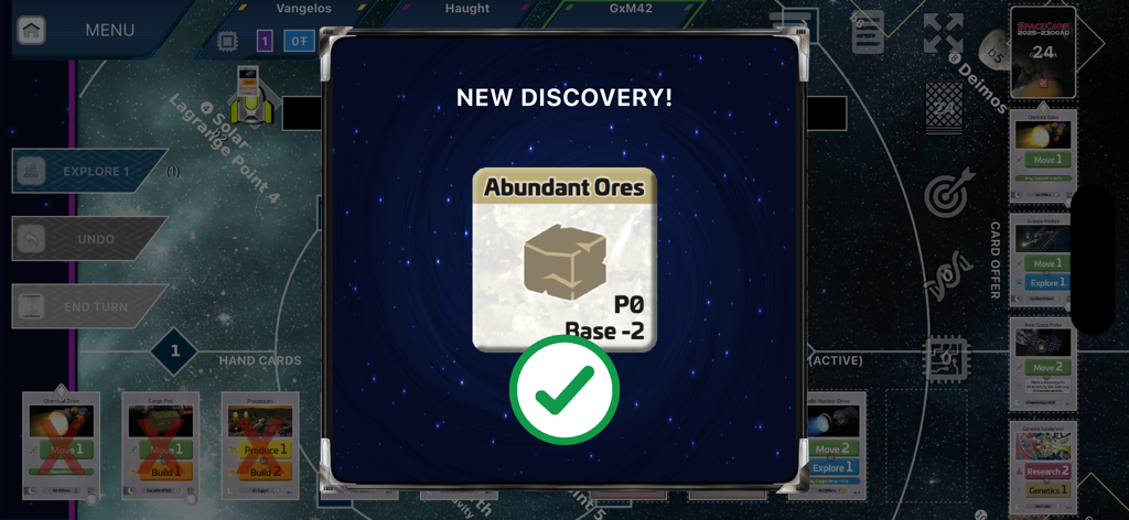 SpaceCorp - SpaceCorpのゲーム画面、宇宙マップの背景を持つ「豊富な鉱石」の新発見ポップアップを表示