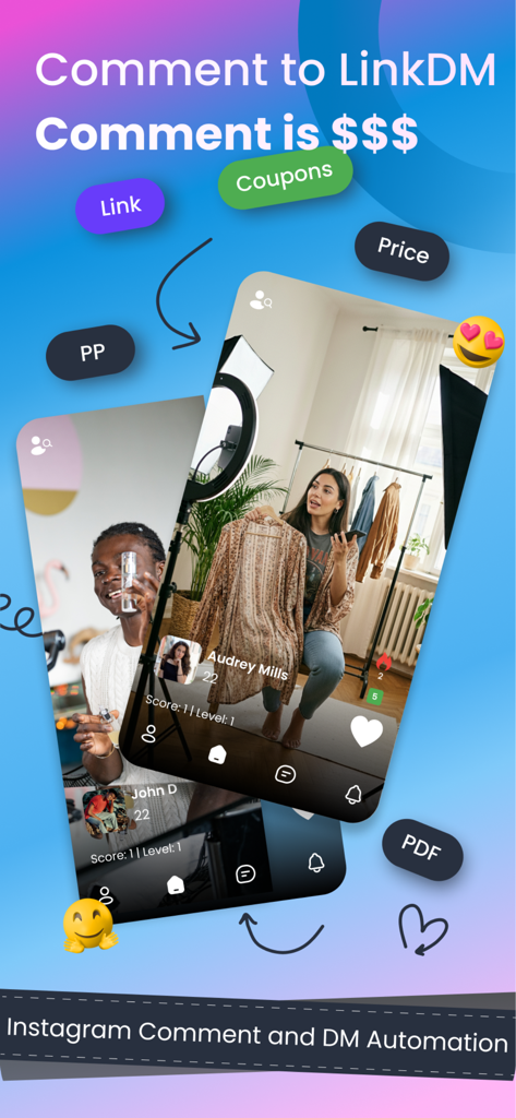 Insta DM App - InstantDM - Promotional screenshot of Insta DM App showing Instagram comment and DM automation for business growth