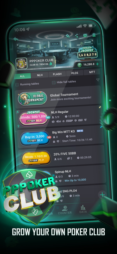 Interfaz de la aplicación PPPoker USA mostrando un lobby de club privado con varios formatos de juego de póker como NLH y PLO.