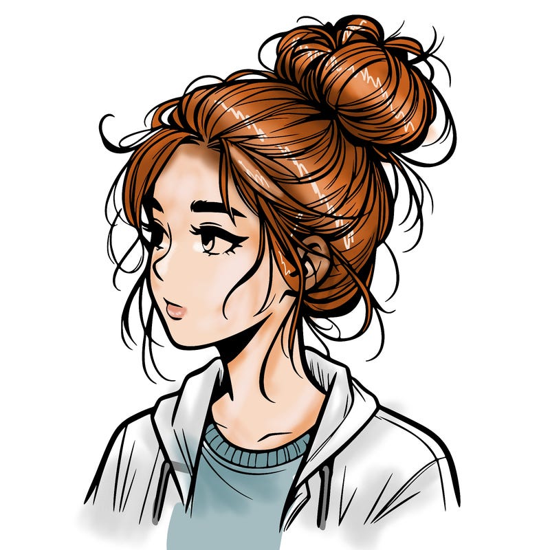 realistic teenage girl with a messy bun