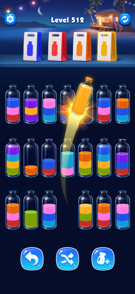 Nível de jogo de quebra-cabeça de classificação de água 3D colorido com garrafas de vidro e um fundo de praia tropical.