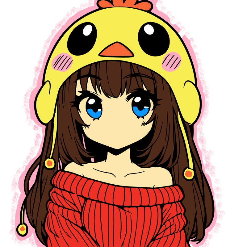 anime girl with chick shaped hat with sweater with bare shoulders with bangs covering them one eye with low tail