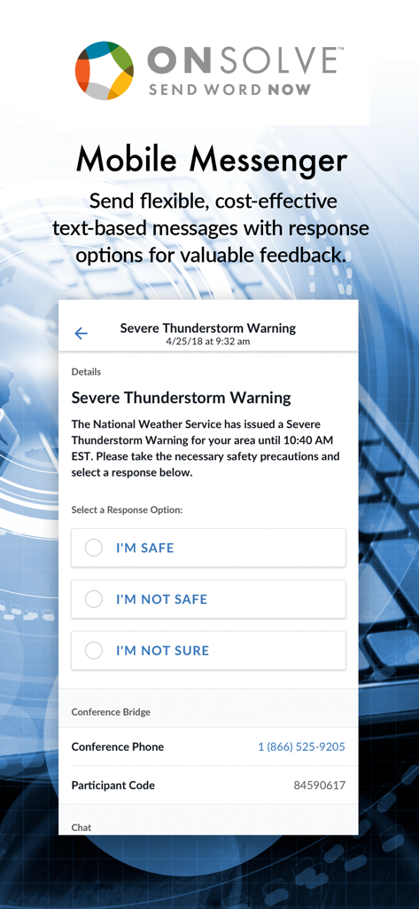 OnSolve mobile app interface showing a severe weather alert with safety response buttons