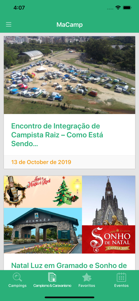 MaCamp-Guia Camping e Campismo - MaCamp app screen displaying news about camper gatherings and holiday events in Brazil with a bottom navigation menu