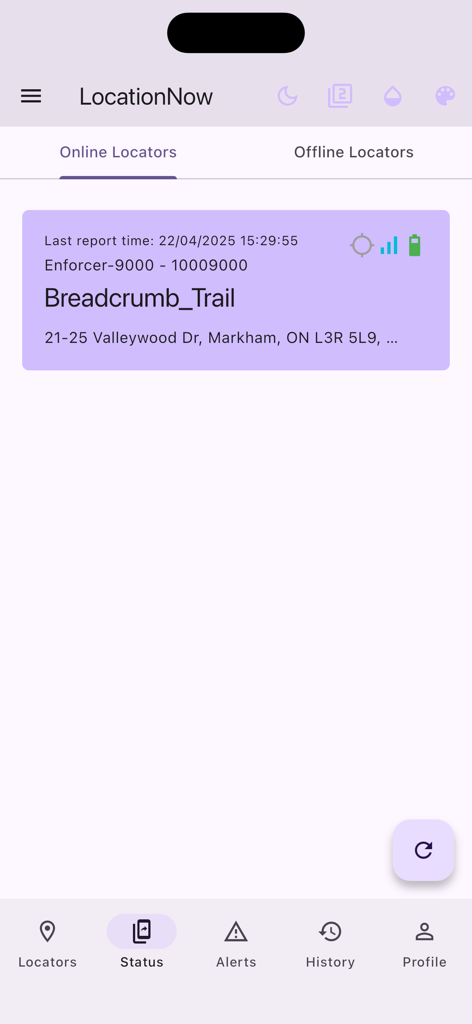 LocationNow - Interfaz de la aplicación LocationNow que muestra la ubicación y el estado en tiempo real de un dispositivo de rastreo