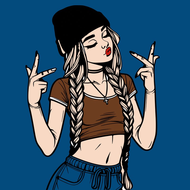 realistic teenage girl with braids and a beanie and crop top doing 🫶🏼